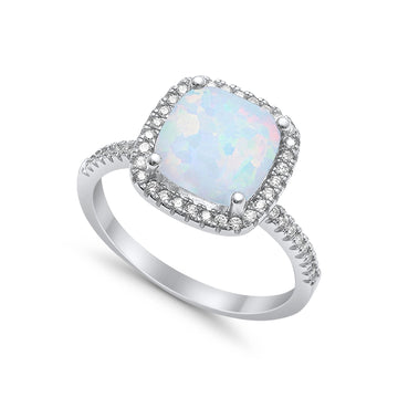 Halo Cushion Engagement Ring Lab Created White Opal 925 Sterling Silver